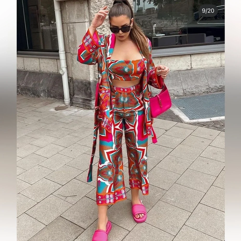 Zara Geometric Cropped Pants | Vibrant Resort Print Trousers | Euro Summer